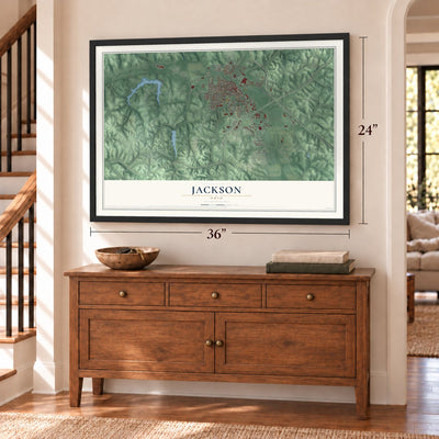 Jackson, Ohio map, 24 x 36 inch print in a black frame above a dresser by a staircase