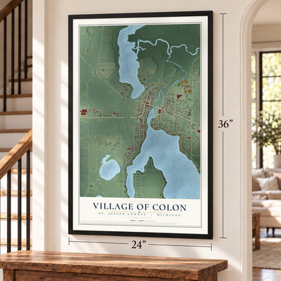 Colon, Michigan map, 24 x 36 inch print in a black frame by a staircase
