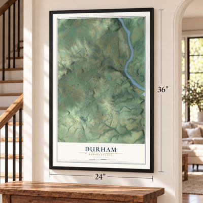 Durham, Pennsylvania map, 24 x 36 inch print in a black frame by a staircase
