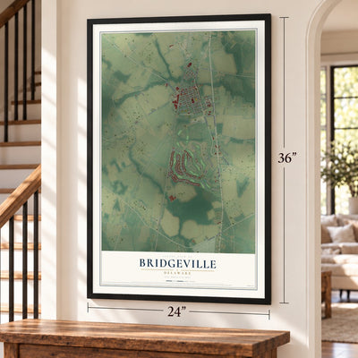 Bridgeville, Delaware map, 24 x 36 inch print in a black frame by a staircase