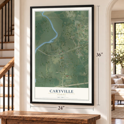 Caryville, Florida map, 24 x 36 inch print in a black frame by a staircase