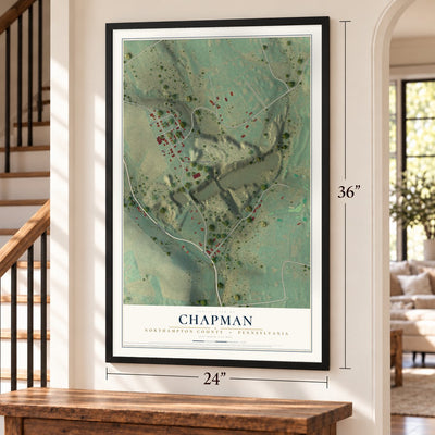 Chapman, Northampton County, Pennsylvania map, 24 x 36 inch print in a black frame by a staircase