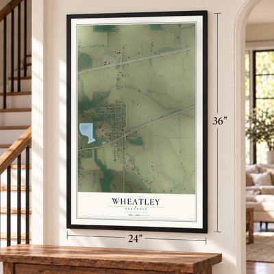 Wheatley, Arkansas map, 24 x 36 inch print in a black frame by a staircase