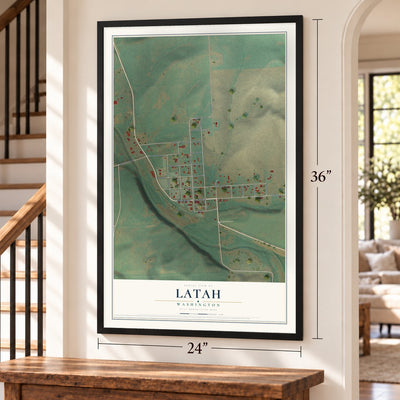 Latah, Washington map, 24 x 36 inch print in a black frame by a staircase