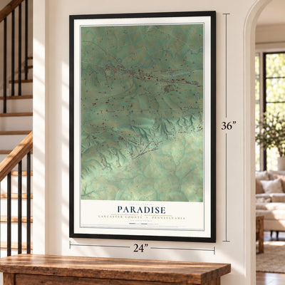 Paradise, Lancaster County, Pennsylvania map, 24 x 36 inch print in a black frame by a staircase