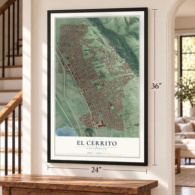 El Cerrito, California map, 24 x 36 inch print in a black frame by a staircase