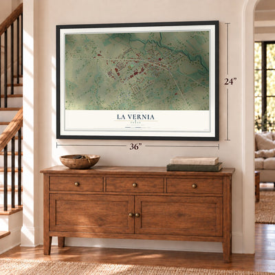 La Vernia, Texas map, 24 x 36 inch print in a black frame above a dresser by a staircase