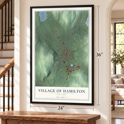 Village of Hamilton, New York map, 24 x 36 inch print in a black frame by a staircase