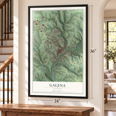 Galena, Illinois map, 24 x 36 inch print in a black frame by a staircase