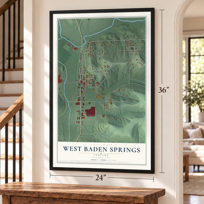 West Baden Springs, Indiana map, 24 x 36 inch print in a black frame by a staircase