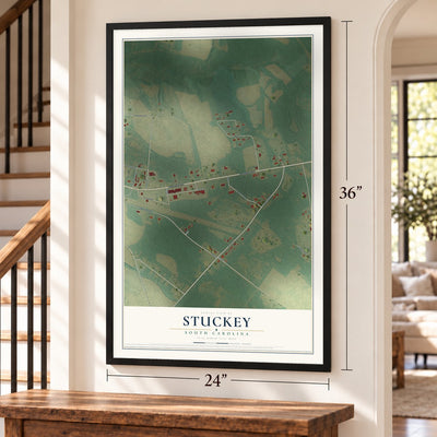 Stuckey, South Carolina map, 24 x 36 inch print in a black frame by a staircase