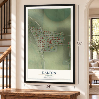 Dalton, Nebraska map, 24 x 36 inch print in a black frame by a staircase