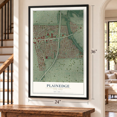 Plainedge, New York map, 24 x 36 inch print in a black frame by a staircase