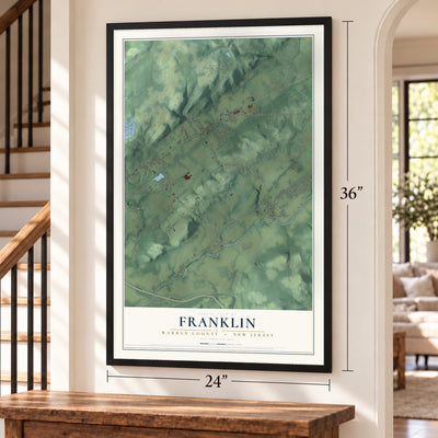 Franklin, Warren County, New Jersey map, 24 x 36 inch print in a black frame by a staircase