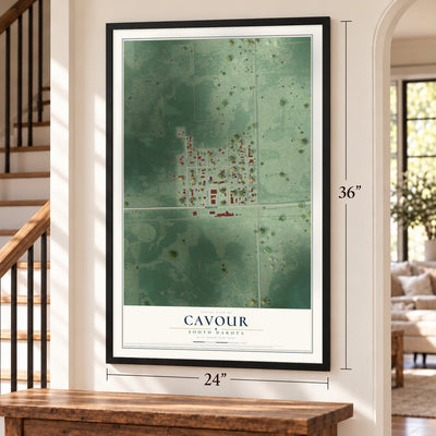 Cavour, South Dakota map, 24 x 36 inch print in a black frame by a staircase