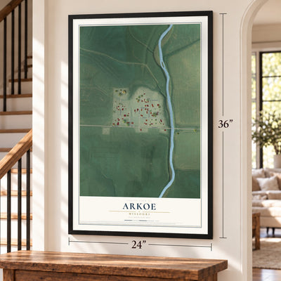 Arkoe, Missouri map, 24 x 36 inch print in a black frame by a staircase