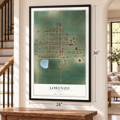 Lorenzo, Texas map, 24 x 36 inch print in a black frame by a staircase