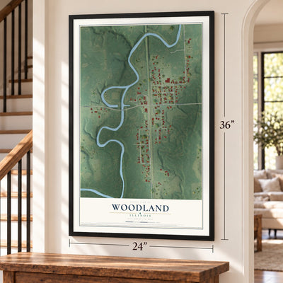 Woodland, Illinois map, 24 x 36 inch print in a black frame by a staircase