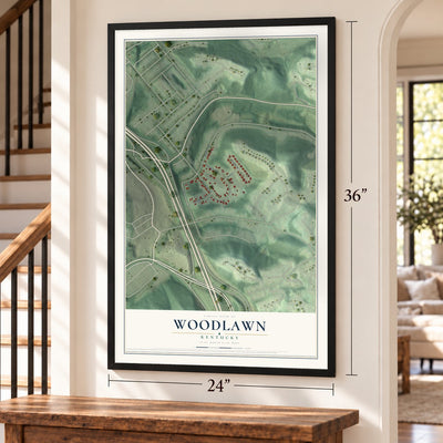 Woodlawn, Kentucky map, 24 x 36 inch print in a black frame by a staircase