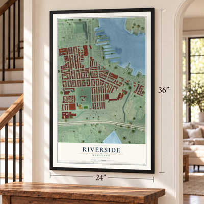 Riverside, Maryland map, 24 x 36 inch print in a black frame by a staircase