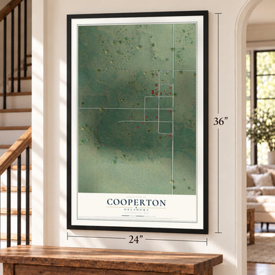 Cooperton, Oklahoma map, 24 x 36 inch print in a black frame by a staircase