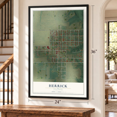 Herrick, Illinois map, 24 x 36 inch print in a black frame by a staircase