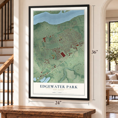 Edgewater Park, New Jersey map, 24 x 36 inch print in a black frame by a staircase