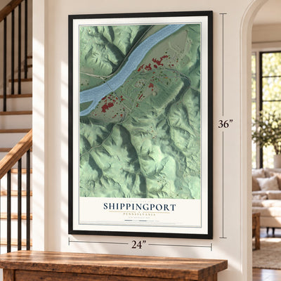 Shippingport, Pennsylvania map, 24 x 36 inch print in a black frame by a staircase