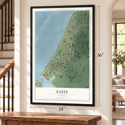 Saxis, Virginia map, 24 x 36 inch print in a black frame by a staircase