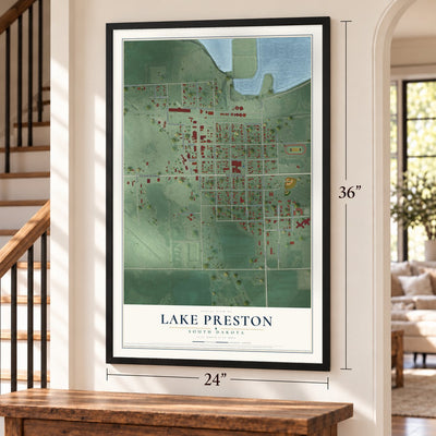 Lake Preston, South Dakota map, 24 x 36 inch print in a black frame by a staircase
