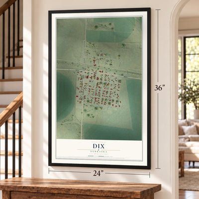 Dix, Nebraska map, 24 x 36 inch print in a black frame by a staircase