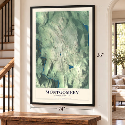 Montgomery, Massachusetts map, 24 x 36 inch print in a black frame by a staircase