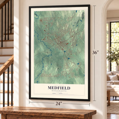 Medfield, Massachusetts map, 24 x 36 inch print in a black frame by a staircase