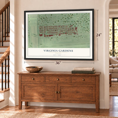 Virginia Gardens, Florida map, 24 x 36 inch print in a black frame above a dresser by a staircase
