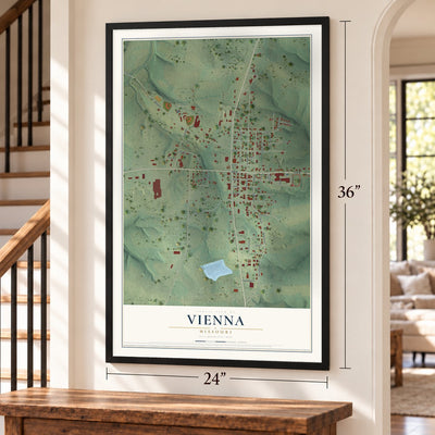 Vienna, Missouri map, 24 x 36 inch print in a black frame by a staircase