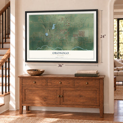 Oronogo, Missouri map, 24 x 36 inch print in a black frame above a dresser by a staircase