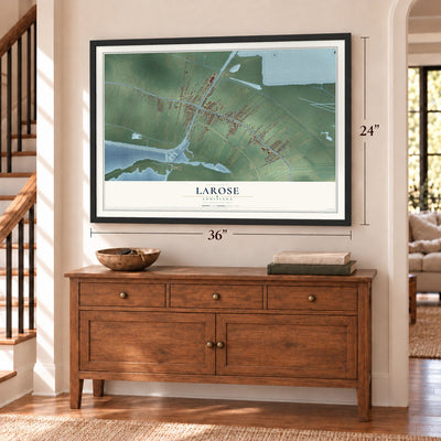 Larose, Louisiana map, 24 x 36 inch print in a black frame above a dresser by a staircase
