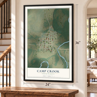 Camp Crook, South Dakota map, 24 x 36 inch print in a black frame by a staircase