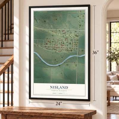 Nisland, South Dakota map, 24 x 36 inch print in a black frame by a staircase