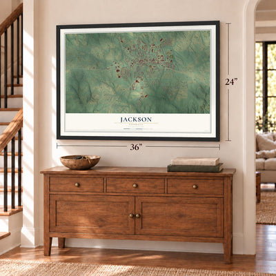 Jackson, Georgia map, 24 x 36 inch print in a black frame above a dresser by a staircase