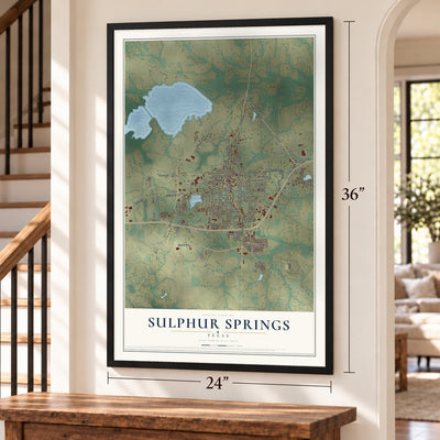 Sulphur Springs, Texas map, 24 x 36 inch print in a black frame by a staircase