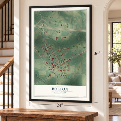 Bolton, Mississippi map, 24 x 36 inch print in a black frame by a staircase