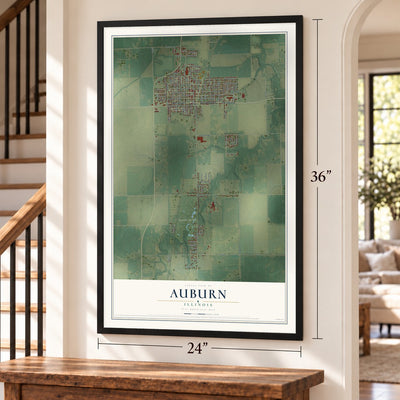 Auburn, Illinois map, 24 x 36 inch print in a black frame by a staircase