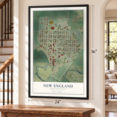 New England, North Dakota map, 24 x 36 inch print in a black frame by a staircase