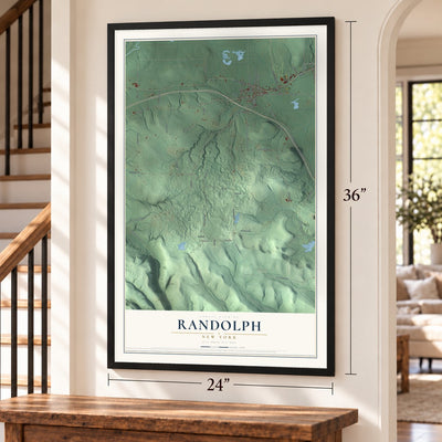Randolph, New York map, 24 x 36 inch print in a black frame by a staircase