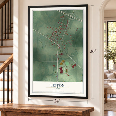 Lizton, Indiana map, 24 x 36 inch print in a black frame by a staircase