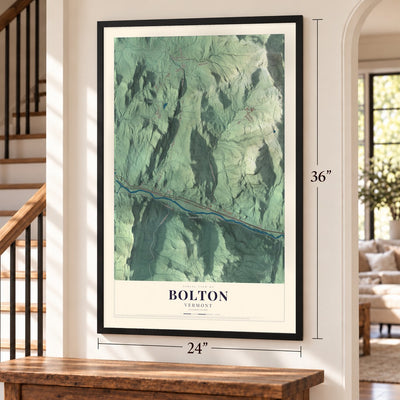 Bolton, Vermont map, 24 x 36 inch print in a black frame by a staircase