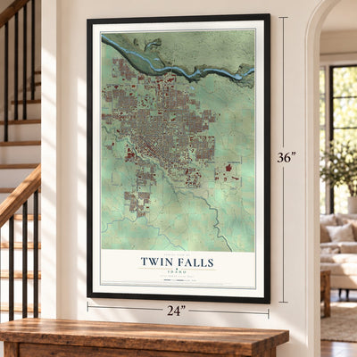 Twin Falls, Idaho map, 24 x 36 inch print in a black frame by a staircase