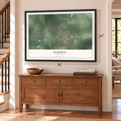 Hahira, Georgia map, 24 x 36 inch print in a black frame above a dresser by a staircase