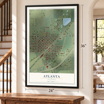 Atlanta, Illinois map, 24 x 36 inch print in a black frame by a staircase